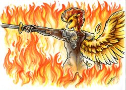  absurd_res anthro anthrofied armor clothing equid equine female fire friendship_is_magic gloves handwear hasbro hi_res inferno lupiarts mammal melee_weapon my_little_pony mythological_creature mythological_equine mythology pegasus solo spitfire_(mlp) sword weapon wings wonderbolts_(mlp) 