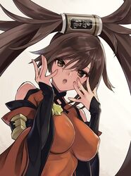  bare_shoulders breasts brown_eyes brown_hair can china_dress chinese_clothes covered_nipples dress female guilty_gear guilty_gear_xrd hair_between_eyes hand_on_own_face jako_(toyprn) kuradoberi_jam large_breasts long_hair long_sleeves looking_at_viewer open_mouth solo white_background wide_sleeves 