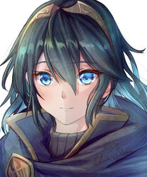  absurdres blue_cape blue_eyes blue_hair cape clear_glass_(mildmild1311) collar commentary female fire_emblem fire_emblem_awakening hair_between_eyes highres long_hair looking_at_viewer lucina_(fire_emblem) signature smile solo symbol-shaped_pupils symbol_in_eye tiara turtleneck twitter_username white_background 