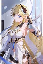  absurdres arm_up armor armored_dress bianka_durandal_ataegina bianka_durandal_ataegina_(palatinus_equinox) blue_eyes blue_sky breasts brown_gloves dress earrings female fingerless_gloves gauntlets gloves hair_ornament highres honkai_(series) honkai_impact_3rd indoors jewelry long_hair looking_at_viewer ooo_wange shirt signature sky solo upper_body white_dress white_shirt window 