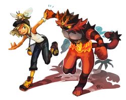  ;d bag bare_shoulders baseball_cap black_headwear black_pants blonde_hair blue_eyes female handbag hat highres incineroar leg_up nichi_(hibi_suimin) one_eye_closed open_mouth palm_tree pants paw_print pokemon pokemon_(creature) pokemon_sm ribombee selene_(pokemon) shirt shoelaces shoes short_hair smile tank_top teeth tree white_shirt z-ring 