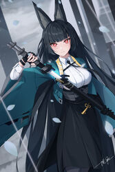  absurdres animal_ears bad_id bad_pixiv_id black_gloves black_hair black_necktie breasts closed_mouth collared_shirt female fingerless_gloves fox_ears fox_girl gloves green_jacket grey_sky highres holding holding_sheath holding_sword holding_weapon hoshimi_miyabi jacket katana long_hair long_sleeves looking_at_viewer necktie ooo_wange red_eyes sheath shirt signature sky smile snowing solo sword unsheathing weapon white_shirt zenless_zone_zero 