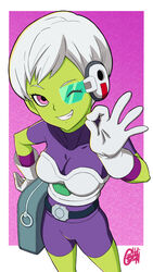  bodysuit breasts cheelai cleavage colored_skin commentary_request dragon_ball dragon_ball_super dragon_ball_super_broly female gentle_sasaki gloves green_skin grin highres ok_sign one_eye_closed pink_eyes purple_bodysuit scouter short_hair short_sleeves signature simple_background smile solo white_gloves white_hair 