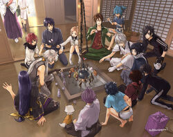  6+boys ahoge basket black_hair black_scarf blue_eyes blue_hair bow brown_eyes brown_hair choko_(cup) cup eyepatch food fox hairbow hakama hakama_skirt houchou_toushirou indian_style japanese_clothes jirou_tachi kasen_kanesada kashuu_kiyomitsu kogitsunemaru konnosuke long_hair low-tied_long_hair male_focus marshmallow mikazuki_munechika mole mole_under_eye monoyoshi_sadamune multiple_boys namazuo_toushirou open_mouth otegine photoshop_(medium) ponytail pot purple_hair red_eyes red_scarf sayo_samonji scarf seiza shinano_toushirou shokudaikiri_mitsutada shorts sitting skirt smile sunomata taikogane_sadamune tarou_tachi touken_ranbu track_suit tsurumaru_kuninaga white_hair white_scarf yamato-no-kami_yasusada yellow_eyes 