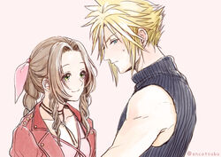  1boy aerith_gainsborough ancotsubu blonde_hair blue_eyes blue_shirt blush braid braided_ponytail brown_hair choker cloud_strife couple dress earrings female final_fantasy final_fantasy_vii final_fantasy_vii_remake green_eyes hair_ribbon jacket jewelry parted_bangs pink_background pink_dress protected_link red_jacket ribbon shirt sidelocks single_earring sleeveless sleeveless_turtleneck spiked_hair straight sweat turtleneck unworn_armor upper_body wavy_hair 