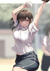  arms_up aya_(jonsun) ball baseball baseball_mitt black_shorts blurry blurry_background blush breasts brown_eyes brown_hair closed_mouth commentary_request day duplicate female holding holding_ball jonsun long_hair looking_to_the_side medium_breasts original outdoors pixel-perfect_duplicate playing_sports shirt short_sleeves shorts softball solo_focus twitter_username white_shirt 