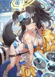  5girls absurdres animal_ears bare_shoulders black_hair blue_archive blue_eyes blush breasts cheerleader crop_top detached_collar dog_ears dog_girl dog_tail drone eyewear_on_head facial_mark goggles goggles_on_head halo hibiki_(blue_archive) hibiki_(cheer_squad)_(blue_archive) highres holding holding_pom_poms long_hair looking_at_viewer midori_(blue_archive) millennium_cheerleader_outfit_(blue_archive) momoi_(blue_archive) multiple_girls navel netural noa_(blue_archive) official_alternate_costume pom_pom_(cheerleading) ponytail skirt solo_focus star_(symbol) star_facial_mark star_sticker star_tattoo sticker_on_arm sticker_on_face tail tattoo text_print white_skirt yellow_halo yuuka_(blue_archive) 