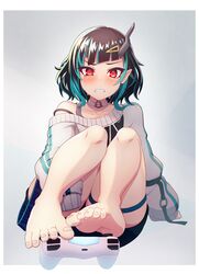  barefoot black_hair black_shorts blue_hair blush broken_horn choker clenched_teeth commentary_request controller crying crying_with_eyes_open demon_horns feet female foot_focus full_body game_controller grey_sweater hair_ornament hairclip highres horns long_sleeves looking_at_viewer medium_hair multicolored_hair nanashi_inc. off-shoulder_sweater off_shoulder playstation_controller poifuru pointy_ears red_eyes shishio_chris shorts single_bare_shoulder solo strap_slip sugar_lyric sweater tears teeth toenails toes two-tone_hair virtual_youtuber 