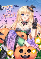  absurdres bat_(animal) blonde_hair blue_eyes blush bow breasts female hair_between_eyes halloween highres lewdkuma long_hair looking_at_viewer medium_breasts neptune_(series) one_eye_closed open_mouth pumpkin sidelocks signature silk sitting solo spider_web trick_or_treat vert_(neptunia) waving 