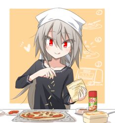  cheese cooking elena_trafalgar female food head_scarf highres ikune_juugo light_brown_hair long_hair original pepperoni pizza red_eyes simple_background solo tongue tongue_out upper_body 