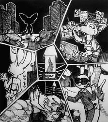  2022 absurd_res anthro arctic_fox bottle canid canine clothed clothing computer container disney drinking electronics english_text eyewear fennec_fox finnick_(zootopia) fox fully_clothed hi_res inktober inktober_2022 jack_savage judy_hopps lagomorph laptop leporid mammal monochrome nick_wilde rabbit red_fox signature skye_(zootopia) smile suit sunglasses text theblueberrycarrots traditional_media_(artwork) true_fox water_bottle zootopia 