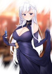  azur_lane bare_shoulders belfast_(azur_lane) belfast_(the_noble_attendant)_(azur_lane) blue_dress blue_eyes blue_gloves blush braid breasts chains champagne_flute cleavage closed_mouth cup dress drinking_glass elbow_gloves female french_braid gloves halter_dress halterneck highres large_breasts long_hair looking_at_viewer nephthys2356 official_alternate_costume swept_bangs white_hair 