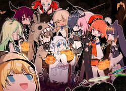  6+girls ^_^ absurdres animal_ears antlers belt beret black_belt black_bow black_dress black_gloves black_hair black_skirt blonde_hair blue_eyes bow breasts bright_pupils brown_cloak brown_eyes brown_hair ceres_fauna cloak closed_eyes commentary dark-skinned_female dark_skin deerstalker detached_sleeves dress enma-chan everyone gawr_gura ghost_costume gloves green_hair grey_hair hair_behind_ear hair_intakes hair_ornament hakos_baelz halloween halloween_bucket halo halterneck hat head_tilt heterochromia highres holocouncil hololive hololive_english holomyth horns irys_(hololive) irys_(irys_1.0)_(hololive) jenma-chan large_breasts limiter_(tsukumo_sana) locked_arms medium_breasts mori_calliope mori_calliope_(1st_costume) mouse_ears mouse_girl multiple_girls multiple_horns nanashi_mumei ninomae_ina&#039;nis ninomae_ina&#039;nis_(1st_costume) omega_alpha open_mouth orange_hat ouro_kronii ouro_kronii_(1st_costume) purple_eyes shirt skirt small_breasts smile strapless strapless_dress symbol-only_commentary takanashi_kiara takanashi_kiara_(1st_costume) tsukumo_sana tsukumo_sana_(1st_costume) tube_dress twintails upside-down v-shaped_eyebrows virtual_youtuber watson_amelia waving white_pupils white_shirt zanyak 