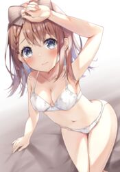  arm_support arm_up bare_arms bare_shoulders bed_sheet blush bow bow_bra bow_panties bra breasts brown_bow brown_hair cleavage closed_mouth collarbone commentary_request female grey_eyes hair_between_eyes hairbow hanasato_minori long_hair looking_at_viewer medium_breasts navel panties partial_commentary project_sekai sitting solo underwear underwear_only white_bra white_panties yashin 