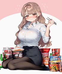  :3 absurdres beer_bottle black_pantyhose black_skirt blush bottle breasts brown_eyes brown_hair chopsticks closed_mouth commentary_request cup cup_ramen disposable_cup dress_shirt eating female flying_sweatdrops food food_request full_body hand_up highres holding holding_chopsticks instant_ramen kodama&#039;s_elder_sister_(sakura_yuki) korean_fire_noodles large_breasts long_hair looking_at_viewer mouko_tanmen_nakamoto nissin_cup_noodle no_shoes noodles nose_blush office_lady original pantyhose pencil_skirt sakura_yuki_(clochette) shin_ramyun shirt sitting skirt sleeves_rolled_up smile solo spicy sweat taut_clothes taut_shirt tearing_up too_much_food v-shaped_eyebrows wariza wavy_hair white_shirt 