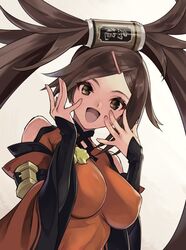  bare_shoulders breasts brown_eyes brown_hair can china_dress chinese_clothes covered_nipples dress female fingernails guilty_gear guilty_gear_xrd hair_between_eyes hand_on_own_face jako_(toyprn) kuradoberi_jam large_breasts long_hair long_sleeves looking_at_viewer open_mouth smile solo white_background wide_sleeves 