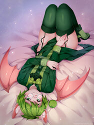  2022 alternative_fashion anthro bedding bedding_background biped blush boots clothed clothing clothing_bow digital_media_(artwork) eric_the_moogle eyewear final_fantasy footwear garter_straps glasses green_boots green_clothing green_eyes green_footwear green_hair green_legwear green_thigh_highs hair hi_res inner_ear_fluff j-fashion legwear lying male mammal membrane_(anatomy) membranous_wings moogle on_back ouji_(fashion) pink_inner_ear round_glasses shaded solo square_enix tekahika text thigh_highs tuft url white_inner_ear_fluff wings 