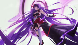  absurdly_long_hair absurdres armor bare_shoulders black_footwear boots breasts cleavage closed_mouth electricity female gauntlets grey_background highres honkai_(series) honkai_impact_3rd horns japanese_armor long_hair ooo_wange purple_eyes purple_hair raiden_mei raiden_mei_(herrscher_of_thunder) simple_background solo thighhighs very_long_hair white_thighhighs 