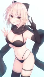  ahoge armpits bare_shoulders bikini black_bikini black_gloves black_thighhighs blonde_hair bow breasts cleavage cowboy_shot double_w elbow_gloves fate/grand_order fate_(series) female firepo gloves groin hairbow hands_up highres large_breasts layered_bikini looking_at_viewer navel okita_j._souji_(fate) okita_j._souji_(first_ascension)_(fate) okita_souji_(fate) open_mouth scarf short_hair single_glove smile solo stomach swimsuit thigh_strap thighhighs thighs w yellow_eyes 