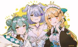  3girls :3 :p black_kimono blonde_hair blue_hair blue_wings blush braid breasts cleavage double_bun elira_pendora elira_pendora_(2nd_costume) finana_ryugu finana_ryugu_(2nd_costume) fur-trimmed_kimono fur_trim green_hair green_nails grey_kimono hair_bun head_wings japanese_clothes jewelry key key_necklace kimono lazulight long_hair maid maid_headdress multiple_girls necklace nijisanji nijisanji_en off_shoulder official_alternate_costume orange_eyes pomu_rainpuff pomu_rainpuff_(2nd_costume) purple_eyes renkkai short_hair tiara tongue tongue_out twin_braids twintails virtual_youtuber wa_maid wide_sleeves wings 