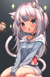  2girls alternate_tail animal_ear_fluff animal_ears bell between_legs black_background black_collar blue_eyes blue_hair blunt_bangs blush cat_ears cat_girl cat_tail chromatic_aberration collar commentary english_commentary gawr_gura gawr_gura_(1st_costume) grey_hair hair_ornament hairclip hand_between_legs highres hololive hololive_english hood hood_down hoodie jingle_bell kaptivate kemonomimi_mode long_hair long_sleeves looking_at_viewer multicolored_hair multiple_girls neck_bell oerba_yun_fang open_mouth parody shark_hair_ornament simple_background sitting smol_ame solo_focus sparkle streaked_hair style_parody tail triangle_mouth two-tone_hair two_side_up v_arms virtual_youtuber walfie_(style) watson_amelia 