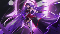  absurdly_long_hair absurdres armor bare_shoulders black_footwear boots breasts cleavage closed_mouth electricity female full_moon gauntlets highres honkai_(series) honkai_impact_3rd horns japanese_armor long_hair moon night night_sky ooo_wange outdoors purple_eyes purple_hair raiden_mei raiden_mei_(herrscher_of_thunder) sky solo thighhighs very_long_hair white_thighhighs 