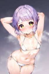  armpits arms_behind_head bikini blush closed_mouth collarbone cowboy_shot embarrassed female flat_chest grey_background highres idolmaster idolmaster_million_live! looking_at_viewer makabe_mizuki micro_bikini navel purple_hair qianlou_(qianlou12374) short_hair side-tie_bikini_bottom sidelocks smelly_armpits solo steaming_body stomach sweat swimsuit thighs wavy_hair wet white_bikini yellow_eyes 