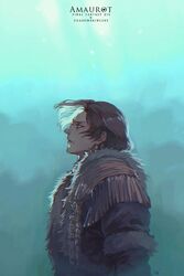  1boy aqua_background armor brown_hair coat earrings emet-selch final_fantasy final_fantasy_xiv forehead_jewel fur-trimmed_coat fur_trim hug_ff14 jewelry male_focus medium_hair multicolored_hair profile solo two-tone_hair upper_body white_hair yellow_eyes 