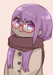  :3 alternate_hair_length alternate_hairstyle bespectacled brown_background brown_jacket brown_scarf closed_mouth commentary_request dark-skinned_female dark_skin fate/prototype fate/prototype:_fragments_of_blue_and_silver fate_(series) female glasses hassan_of_serenity_(fate) highres i.u.y jacket long_hair looking_at_viewer purple_eyes purple_hair red-framed_eyewear scarf simple_background solo upper_body very_dark_skin 