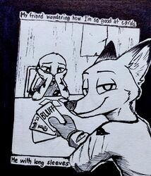  2022 absurd_res anthro canid canine card clothed clothing dipstick_ears disney duo ear_markings english_text fox fur hi_res holding_object inktober inktober_2022 jack_savage lagomorph leporid looking_at_viewer looking_back looking_back_at_viewer mammal monochrome multicolored_ears nick_wilde playing_card rabbit red_fox text theblueberrycarrots traditional_media_(artwork) true_fox zootopia 