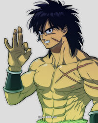  1boy abs black_eyes black_hair bracer broly_(dragon_ball_super) dragon_ball dragon_ball_super dragon_ball_super_broly looking_at_viewer male_focus medium_hair muscular muscular_male navel nipples ok_sign pectorals scar scar_on_chest smile solo spiked_hair stomach tarutobi topless_male upper_body 