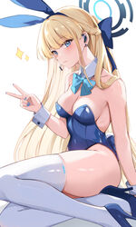  absurdres animal_ears bare_shoulders blonde_hair blue_archive blue_bow blue_eyes blue_hairband blue_halo blue_leotard bow braid breasts commentary covered_navel detached_collar earrings fake_animal_ears female hairband halo hand_up headset high_heels highleg highleg_leotard highres jewelry konka leotard long_hair microphone official_alternate_costume official_alternate_hairstyle piercing playboy_bunny rabbit_ears sitting solo strapless strapless_leotard stud_earrings thighhighs thighs toki_(blue_archive) toki_(bunny)_(blue_archive) v very_long_hair white_thighhighs wrist_cuffs 