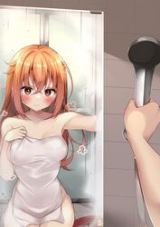  alternate_breast_size areola_slip bare_shoulders blush breast_hold breasts cleavage closed_mouth collarbone commentary covered_nipples covering_privates cowboy_shot crossed_bangs curvy eyelashes eyes_visible_through_hair female female_pov groin hair_between_eyes hair_down happy highres holding holding_shower_head inaba_meguru indoors large_breasts long_hair looking_at_mirror mirror nude_cover orange_eyes orange_hair pov pov_hands reflection reflection_focus sanoba_witch shower_(place) shower_head sidelocks sitting smile solo steam tile_wall tiles towel wavy_hair wet wet_hair yosh1na 