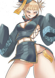  absurdres alternate_costume ass_visible_through_thighs bags_under_eyes blonde_hair blunt_bangs boku_no_hero_academia breasts china_dress chinese_clothes cleavage cleavage_cutout closed_mouth clothing_cutout commentary double_bun dress female hair_bun halloween_costume hat highres jiangshi jiangshi_costume looking_at_viewer medium_breasts messy_hair narrowed_eyes ofuda pelvic_curtain qingdai_guanmao side_slit sidelocks simple_background skindentation sleeves_past_fingers sleeves_past_wrists slit_pupils smile solo talisman toga_himiko tongue tongue_out white_background yellow_eyes zd_(pixiv6210083) 