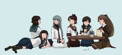  6+girls anchor_symbol black_hair black_pantyhose black_ribbon black_socks blue_background blue_sailor_collar blue_skirt braid braided_ponytail brown_hair brown_sailor_collar brown_skirt commentary_request cup green_skirt grey_hair hair_ornament hair_over_shoulder hair_ribbon hairclip hatsuyuki_(kancolle) holding holding_cup isonami_(kancolle) jacket kantai_collection kumano_(kancolle) kuragare long_hair long_sleeves lying miyuki_(kancolle) multiple_girls murakumo_(kancolle) necktie on_side pantyhose pleated_skirt ponytail red_necktie red_ribbon ribbon sailor_collar school_uniform seiza shikinami_(kancolle) short_hair short_sleeves sidelocks signature sitting skirt socks table tress_ribbon 