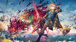  2boys archaic_set_(zelda) aura blonde_hair boots bow_(weapon) champion&#039;s_tunic_(zelda) cloak cloud dual_persona floating_island glowing_arm holding holding_sword holding_weapon link midair multiple_boys pointy_ears scorpion5050 serious sword the_legend_of_zelda the_legend_of_zelda:_tears_of_the_kingdom weapon 