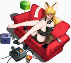  animal_ear_fluff animal_ears bare_legs bare_shoulders barefoot black_shorts blonde_hair cellphone commentary couch deku_suke ezo_red_fox_(kemono_friends) feet female flip-flops fox_ears fox_girl fox_tail full_body game_boy_advance_sp game_cartridge game_console gamecube glasses hair_between_eyes handheld_game_console headphones headphones_around_neck highres hugging_own_legs japari_symbol kemono_friends long_hair long_sleeves looking_at_viewer mouth_hold multicolored_nails nail_polish nintendo_64 off_shoulder orange_eyes phone sandals semi-rimless_eyewear short_shorts shorts simple_background sitting smartphone solo tail tamagotchi tamagotchi_(virtual_pet) toenail_polish toenails toes under-rim_eyewear white_background 