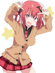  bad_id bad_pixiv_id bat_hair_ornament black_shirt breasts bright_pupils brown_cardigan cardigan commentary_request duplicate female gabriel_dropout hair_ornament hands_up ixy large_breasts long_sleeves looking_at_viewer necktie open_mouth pixel-perfect_duplicate plaid plaid_skirt red_eyes red_hair red_necktie red_skirt satanichia_kurumizawa_mcdowell shirt simple_background skirt solo star_(symbol) white_background white_pupils 