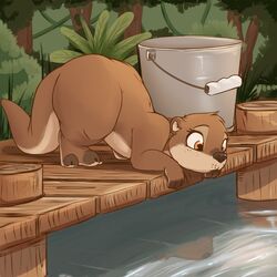  1:1 2021 absurd_res anthro brown_body brown_fur bucket colored container day detailed_background female fur head_tuft hi_res louart mammal mustelid nude otter outside plant solo tail thick_tail thick_thighs tree tuft water wide_hips 