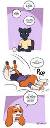  3_panel_comic anthro athletic_wear beverage bird_dog black_body black_fur black_pawpads bottomwear canid canine canis closed_eyes clothing coffee coffee_mug dialogue dialogue_box domestic_cat domestic_dog duo english_text felid feline felis floppy_ears freckles_(artist) fur gym_bottomwear gym_shorts hair half-closed_eyes hi_res hoodie humor hunting_dog male male/male mammal multicolored_body multicolored_fur narrowed_eyes open_mouth orange_body orange_fur pawpads paws pecas_(freckles) shirt shorts simple_background sound_effects spaniel t-shirt text topwear two_tone_body two_tone_fur welsh_springer_spaniel white_body white_fur white_hair 