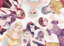  6+girls :d bad_id bad_pixiv_id bare_shoulders beauty_and_the_beast belle_(disney) belle_(disney)_(cosplay) blonde_hair bow braid cape collarbone cosplay cosplay_request dress earrings elbow_gloves eyepatch flower fueguchi_hinami gloves hair_flower hair_ornament hairbow hand_up highres hood hood_up jewelry kamishiro_rize kaneki_ichika kirishima_touka little_red_riding_hood_(grimm) little_red_riding_hood_(grimm)_(cosplay) long_hair looking_at_viewer lying mado_akira medium_hair mother_and_daughter multicolored_hair multiple_girls mutsuki_tooru on_back orange_gloves puffy_short_sleeves puffy_sleeves purple_hair red_bow red_cape red_nails short_sleeves sleeping_beauty sleeping_beauty_(character) sleeping_beauty_(character)_(cosplay) smile snow_white_(disney) snow_white_(disney)_(cosplay) snow_white_and_the_seven_dwarfs tokyo_ghoul tokyo_ghoul:re toukaairab twin_braids two-tone_hair yonebayashi_saiko 