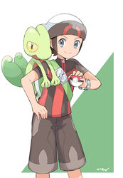  1boy black_shorts gen_3_pokemon green_background green_backpack grey_eyes hat highres holding holding_poke_ball looking_at_viewer male_focus mega_stone mei_(maysroom) poke_ball poke_ball_(generic) pokemon pokemon_(game) pokemon_oras shirt shorts striped striped_shirt tagme treecko two-tone_background white_background white_headwear yuuki_(pokemon) zipper 