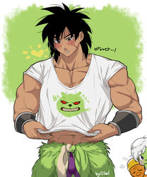  2boys abs alternate_costume bah_(dragon_ball) bara black_eyes black_hair blush broly_(dragon_ball_super) bulge cheelai colored_skin dragon_ball dragon_ball_super dragon_ball_super_broly female green_skin highres korean_commentary lemo_(dragon_ball) male_focus medium_hair midriff_peek multiple_boys muscular muscular_male navel orange_skin pants pectoral_cleavage pectorals peeking_out scar scar_on_cheek scar_on_chest scar_on_face shirt short_hair spiked_hair stomach tarutobi tight_clothes tight_pants white_shirt 