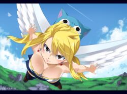  absurdres angel_wings artist_name bare_shoulders blonde_hair blush breasts brown_eyes cleavage cloud day earrings eyes_visible_through_hair fairy_tail feathered_wings feline female flying full_body gaston18 hair_between_eyes happy_(fairy_tail) highres jewelry large_breasts looking_at_viewer lucy_heartfilia outdoors sky sleeveless solo thighhighs watermark wings 