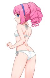  aikatsu!_(series) aikatsu_stars! ass back bare_arms bare_legs bare_shoulders bikini blue_eyes blue_hairband breasts butt_crack drill_hair female from_side hairband halterneck hand_on_own_neck looking_at_viewer looking_back pink_hair sakuraba_rola side-tie_bikini_bottom sideways_glance simple_background small_breasts solo swimsuit white_background white_bikini yoban 