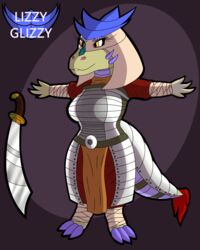  2021 anthro armor armored_tail biped blue_clothing breasts claws clothing dragon english_text eyelashes female grey_armor hi_res juna_june_(lizzyglizzy) lizzyglizzy mythological_creature mythological_scalie mythology orange_clothing purple_body purple_claws purple_scales purple_spikes red_clothing scales scalie smile solo spikes spikes_(anatomy) t-pose tail tan_body tan_scales text white_armor yellow_eyes 