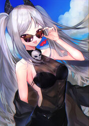  adjusting_eyewear alchemy_stars alternate_eye_color black_shirt blue_sky breasts breath_weapon breathing_fire cleavage cloud commentary_request day female fire grey_hair highres jacket long_hair looking_at_viewer looking_over_eyewear medium_breasts red_eyes scar scar_across_eye see-through see-through_shirt shirt skull sky sleeveless smokey_(alchemy_stars) solo sunglasses tongue tongue_out twintails unworn_jacket very_long_hair yukiya725 