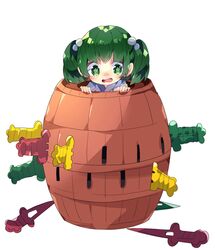  barrel bathrobe blush commentary dagger female flower-shaped_pupils green_eyes green_hair hair_bobbles hair_ornament highres kisume knife medium_hair nikorashi-ka open_mouth pop-up_pirate solo surprised symbol-shaped_pupils tearing_up touhou toy_knife two_side_up weapon 