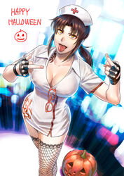  alternate_costume azasuke black_lagoon breasts brown_hair cleavage collarbone commentary english_text eyewear_hang female fingerless_gloves fishnets glasses gloves halloween hat highres large_breasts looking_at_viewer middle_finger nurse nurse_cap open_mouth ponytail pumpkin red-framed_eyewear revy_(black_lagoon) sidelocks symbol-only_commentary tattoo thighhighs tongue tongue_out unworn_eyewear yellow_eyes zettai_ryouiki 