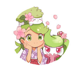  alternate_costume closed_eyes dark_skin falling_petals female flower gen_7_pokemon green_eyes green_hair hair_flower hair_ornament japanese_clothes kimono mao_(pokemon) mei_(maysroom) on_head pink_eyes pokemon pokemon_(creature) pokemon_on_head tagme tareme tsareena 